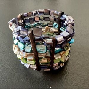 Natural Shell Vintage Abalone Rainbow Boho Cuff Bracelet Thick Band Hippie Layer